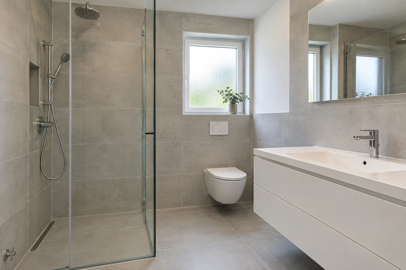 Modernes Badezimmer mit hellgrauen Fliesen und gläserner Dusche