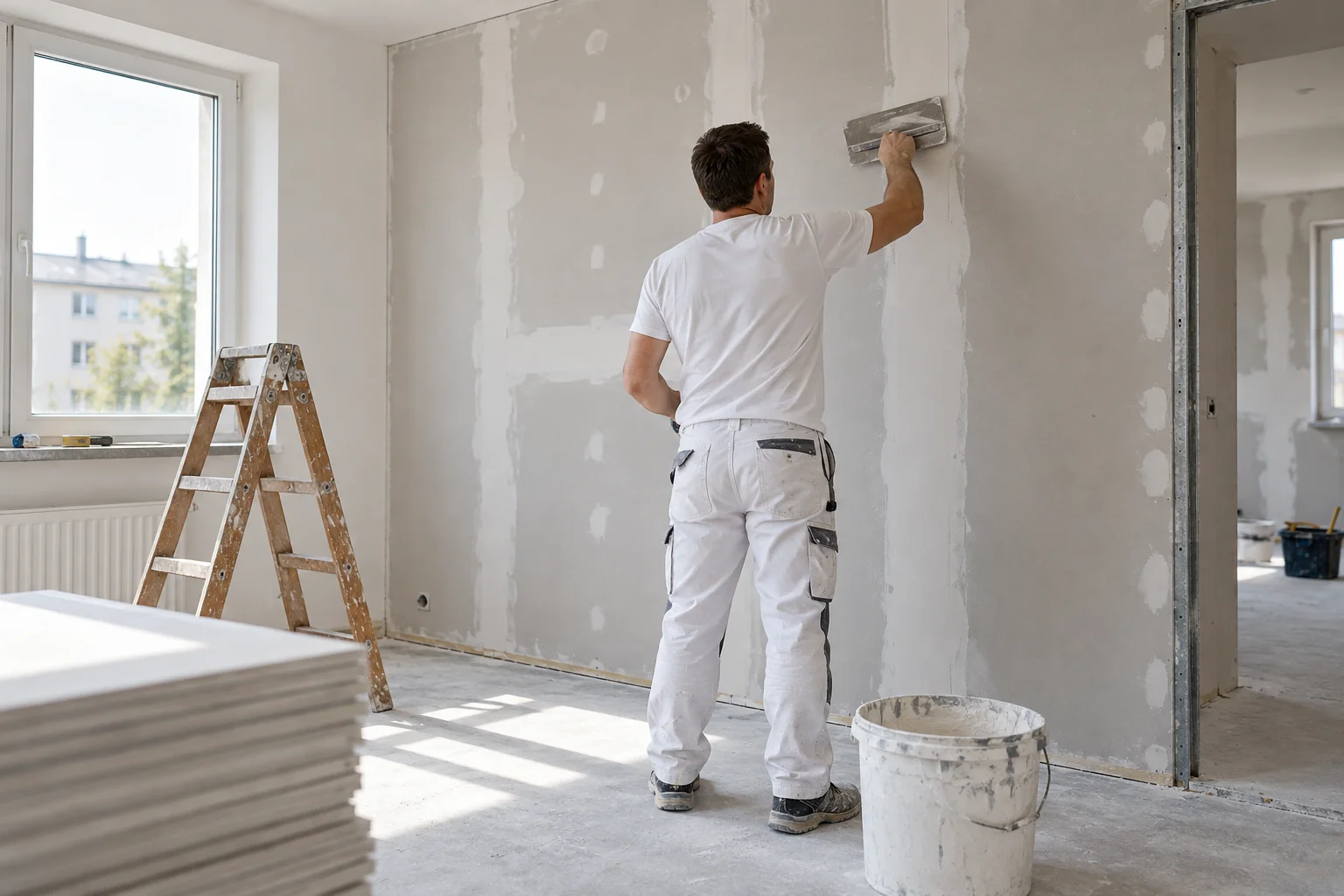 Handwerker verspachtelt eine Trockenbauwand im Innenausbau