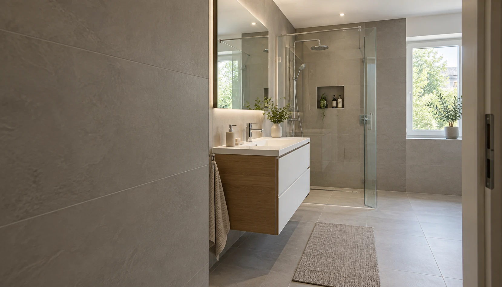 Modernisiertes Badezimmer mit Dusche und Badewanne