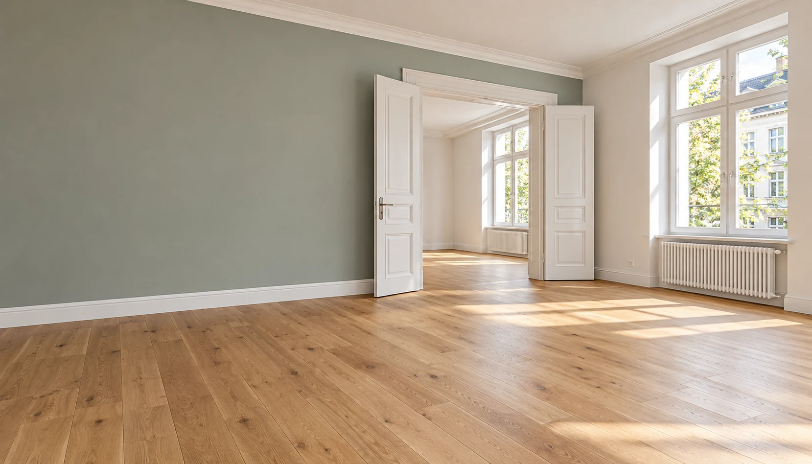 Renovierter Wohnraum mit Holzboden und frisch gestrichenen Wänden