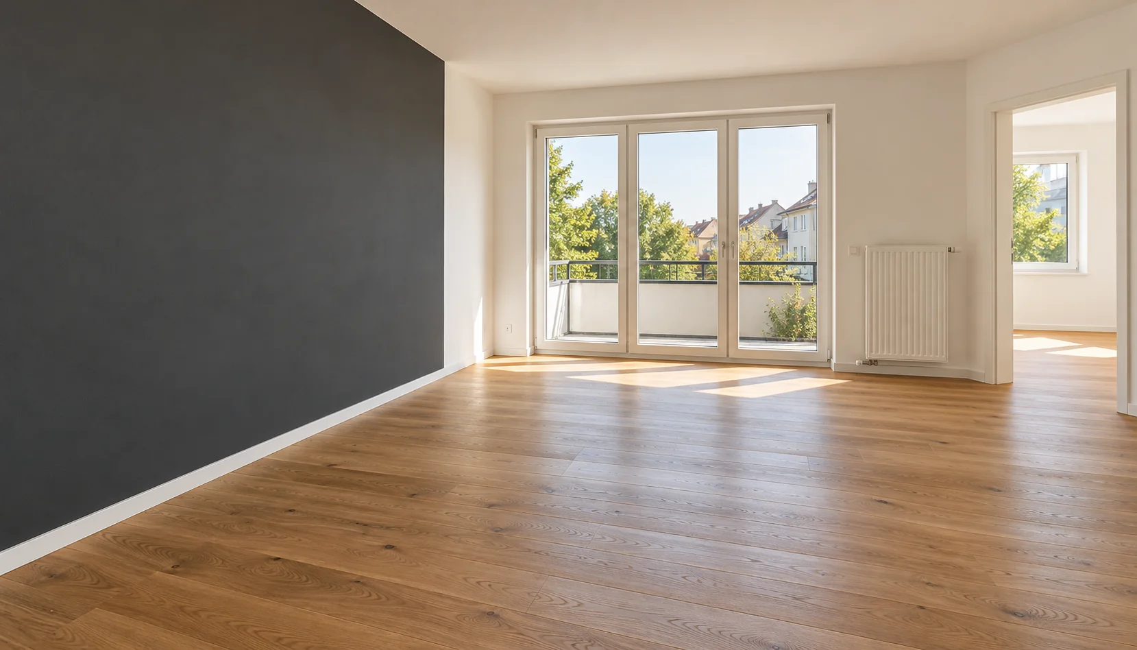 Renovierter Dachgeschossraum mit Holzboden und großen Fenstern