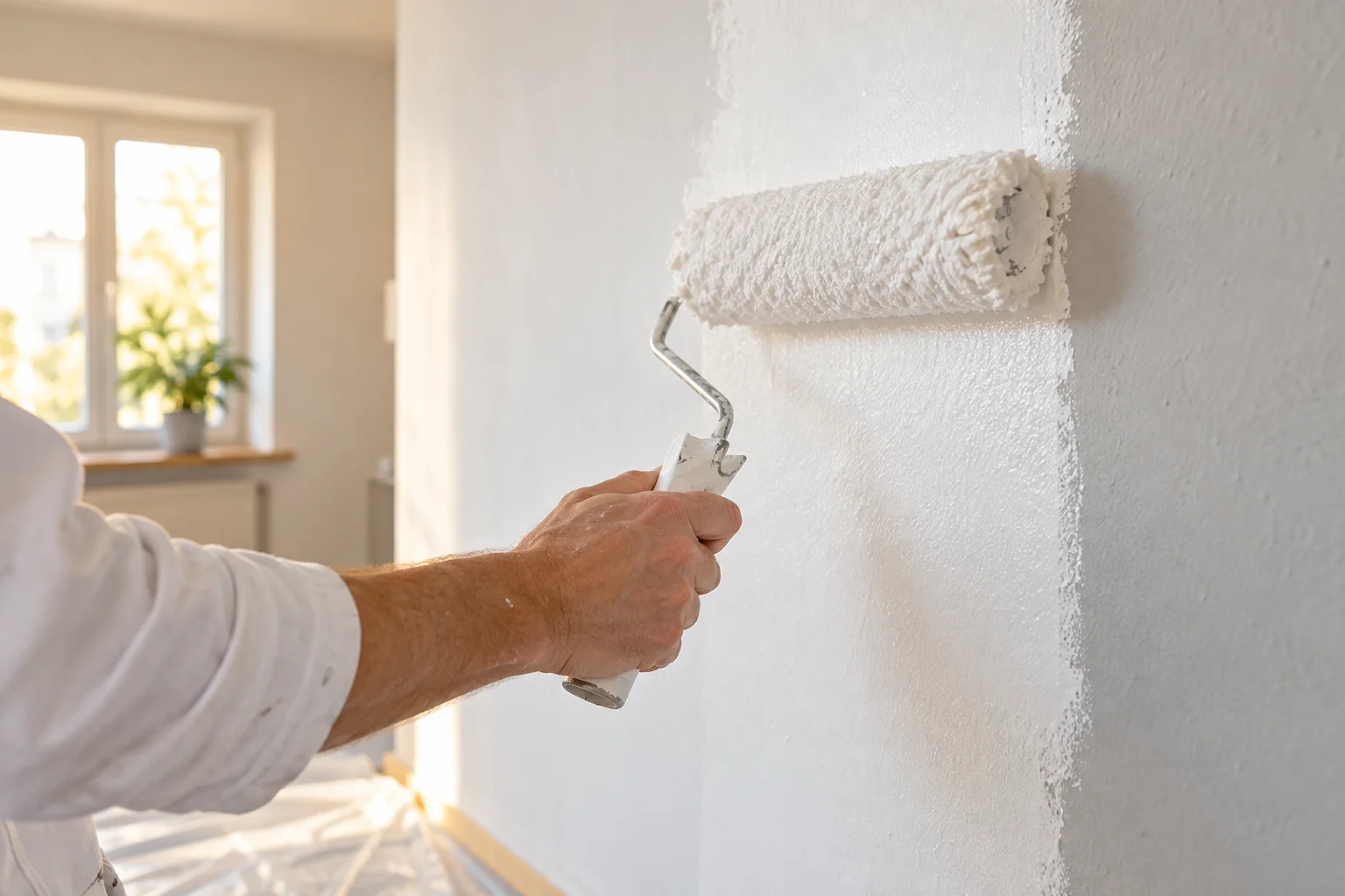 Maler trägt weiße Farbe mit einer Rolle auf eine Wand auf